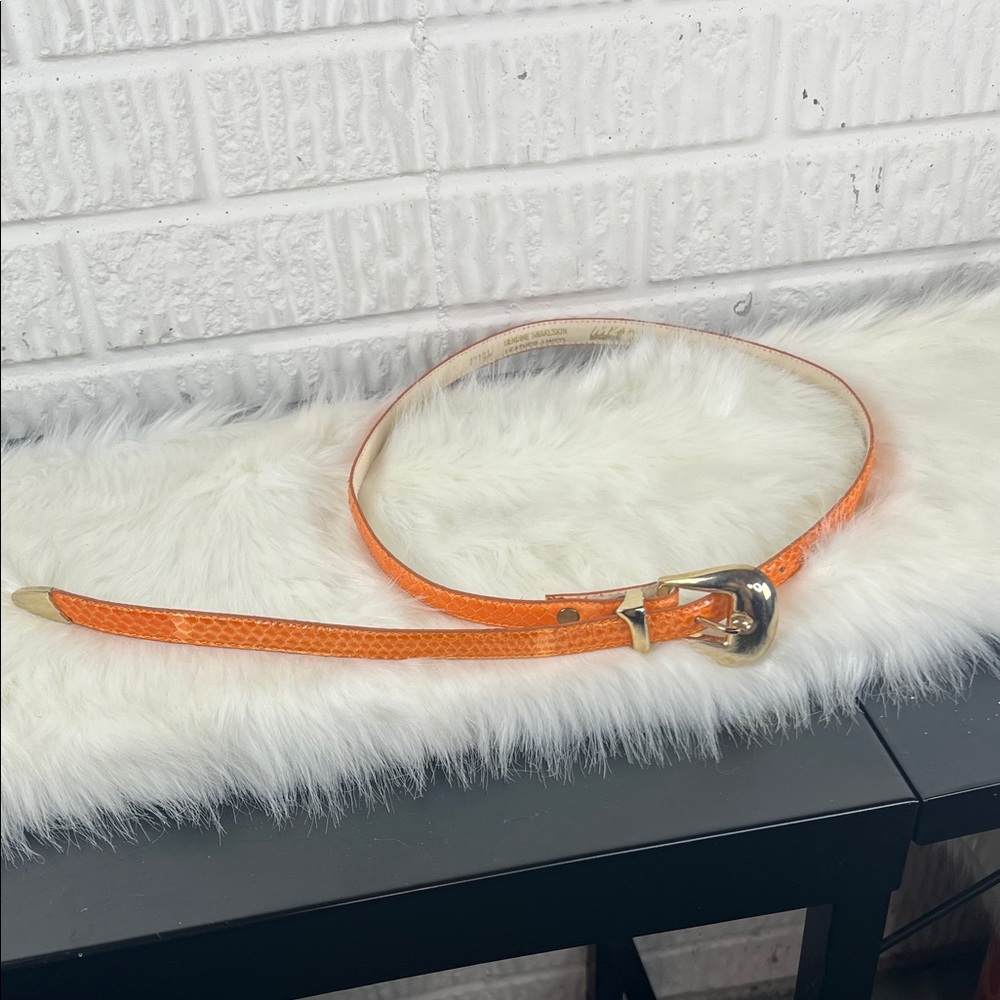 Vintage MZ Orange Snakeskin Texture Women's Belt with Gold Buckle Size Medium